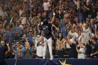 Tampa Bay Rays' Brett Phillips celebrates after hitting a walkoff home run against the Detroit Tigers during a baseball game Friday, Sept. 17, 2021, in St. Petersburg, Fla. (AP Photo/Scott Audette)