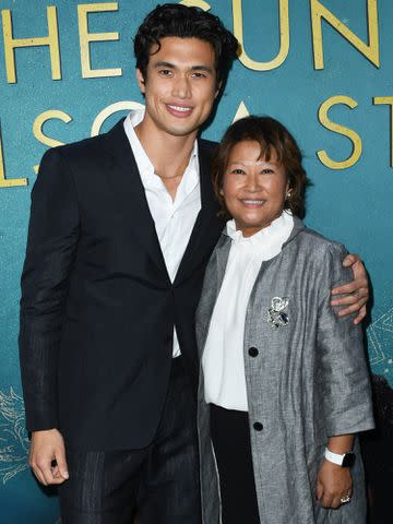<p>Jon Kopaloff/Getty</p> Charles Melton and mom Sukyong Melton attend the World Premiere of "The Sun Is Also A Star" on May 13, 2019 in Los Angeles, California.