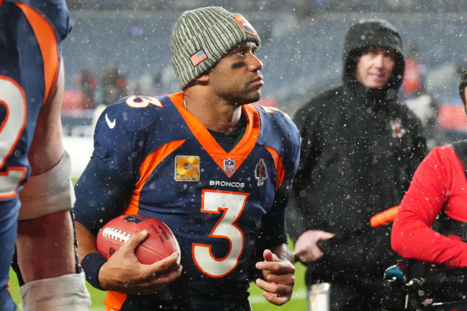 Nov 19, 2023; Denver, Colorado, USA; Denver Broncos quarterback Russell Wilson (3) reacts after the game against the <a class="link " href="https://sports.yahoo.com/nfl/teams/minnesota/" data-i13n="sec:content-canvas;subsec:anchor_text;elm:context_link" data-ylk="slk:Minnesota Vikings;sec:content-canvas;subsec:anchor_text;elm:context_link;itc:0">Minnesota Vikings</a> at Empower Field at Mile High. Mandatory Credit: Ron Chenoy-USA TODAY Sports