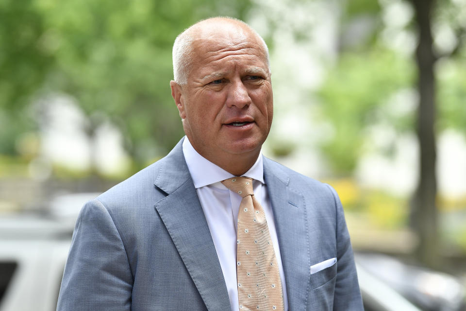 Steve Romines, attorney for PGA golfer Scottie Scheffler, speaks to reporters outside the Jefferson County Hall of Justice in Louisville, Ky., Wednesday, May 29, 2024. The Jefferson County Attorney dropped all charges against Scheffler for an incident that happened during the PGA Championship held earlier this month. (AP Photo/Timothy D. Easley)