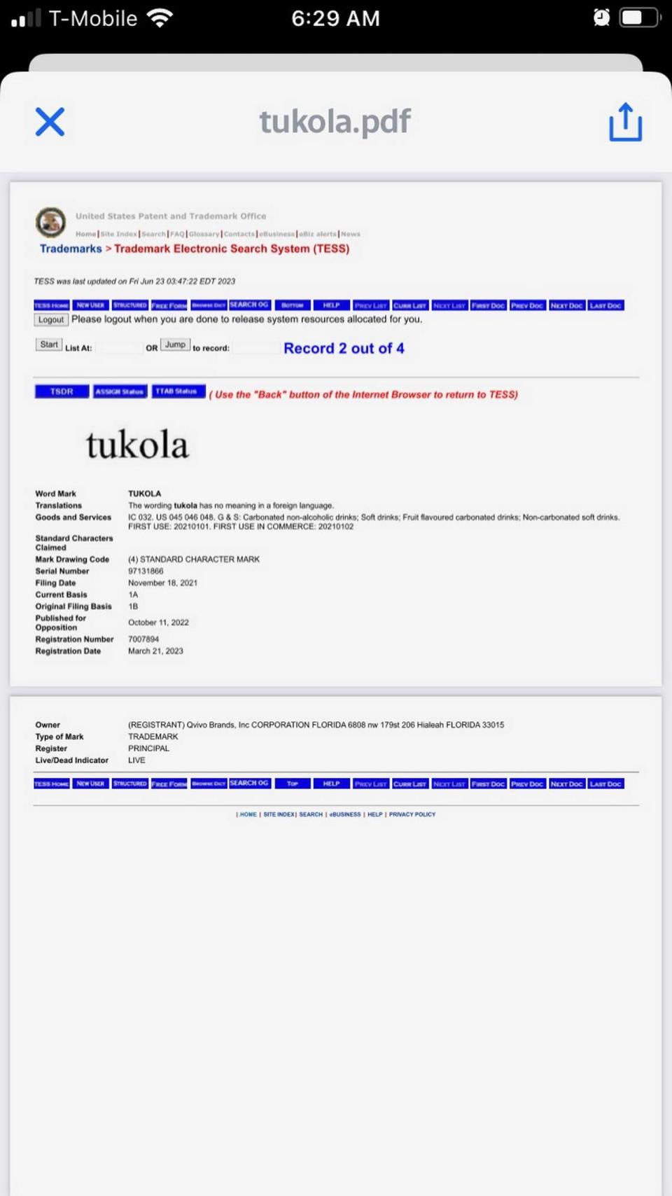 Registración de la marca TuKola en Estados Unidos.