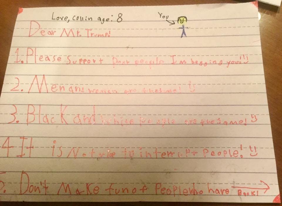 Colin, 8, wrote a list of things for Trump to consider as president. (Photo: Dear President Trump: Letters from Kids About Kindness)
