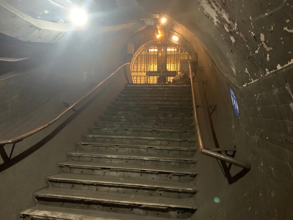 The steps leading down to the abandoned platforms at Piccadilly Circus station, London.