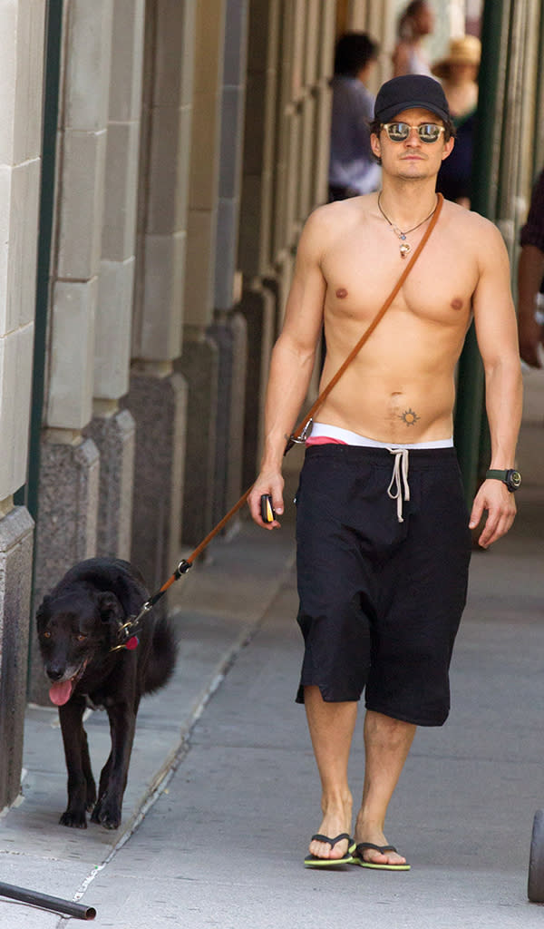 Orlando Bloom Shirtless With Flynn And His Dog