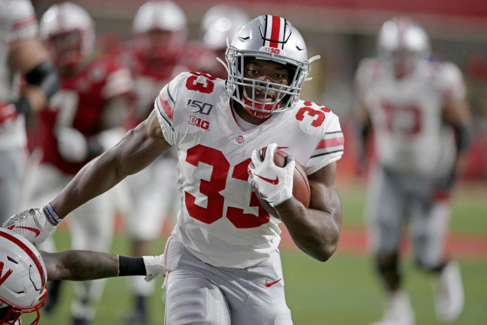 Ohio State running back Master Teague III (33) runs for a touchdown during the first half of an NCAA college football game against Nebraska in Lincoln, Neb., Saturday, Sept. 28, 2019. (AP Photo/Nati Harnik)