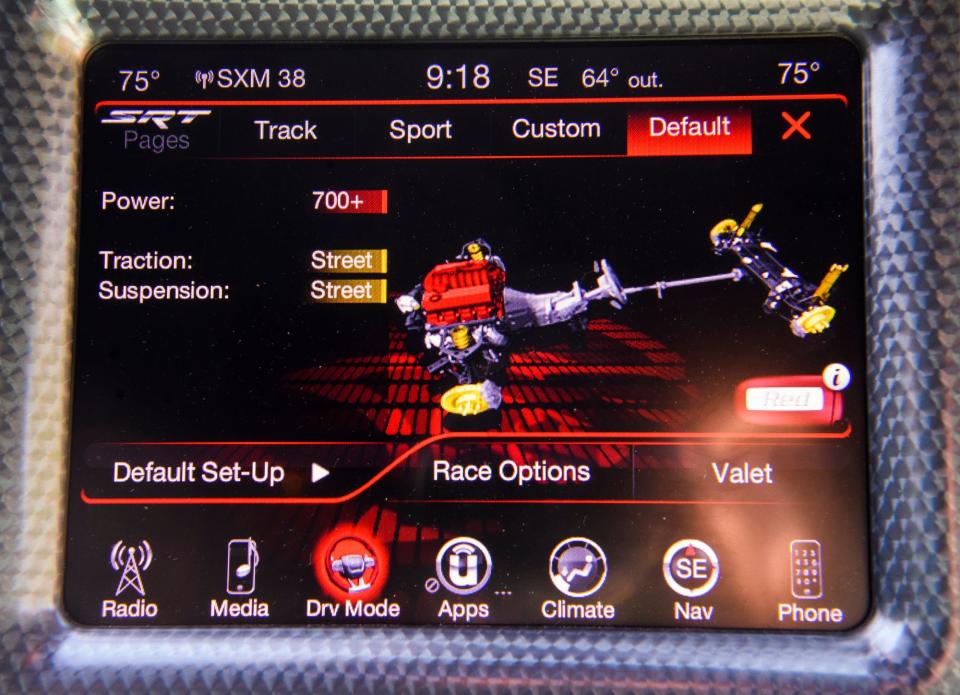 The dash controls showing 700+ horsepower on Patrick Ellis' 2015 Dodge Hellcat.