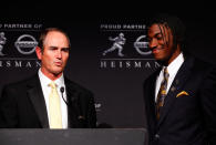 NEW YORK, NY - DECEMBER 10: (L-R) Coach Art Briles and Heisman Memorial Trophy Award winner Robert Griffin III of the Baylor Bears speak at a press conference at The New York Marriott Marquis on December 10, 2011 in New York City. (Photo by Jeff Zelevansky/Getty Images)