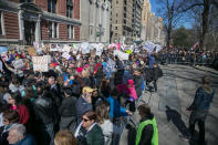 <p>Thousands of people stand inside police barricades at the “Not My President’s Day” rally on Central Park West in New York City on Feb. 20, 2017. (Gordon Donovan/Yahoo News) </p>