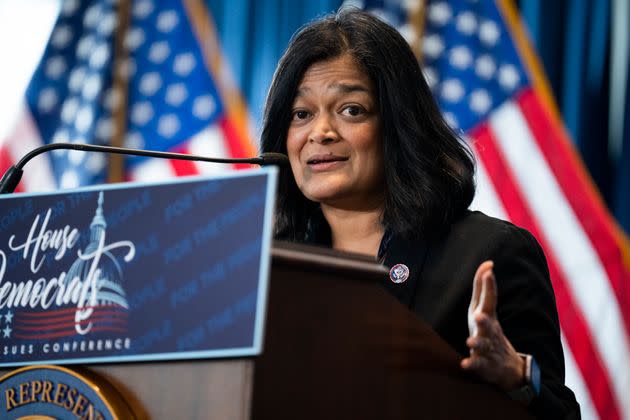 Rep. Pramila Jayapal (D-Wash.), speaking here at a March 2022 conference of the House Democratic Caucus, wasn't happy with compromises that went into a 2019 House bill — or additional concessions that went into the final law this year. Even so, she praised the bill as a major victory in the campaign for more affordable health care. (Photo: Tom Williams via Getty Images)