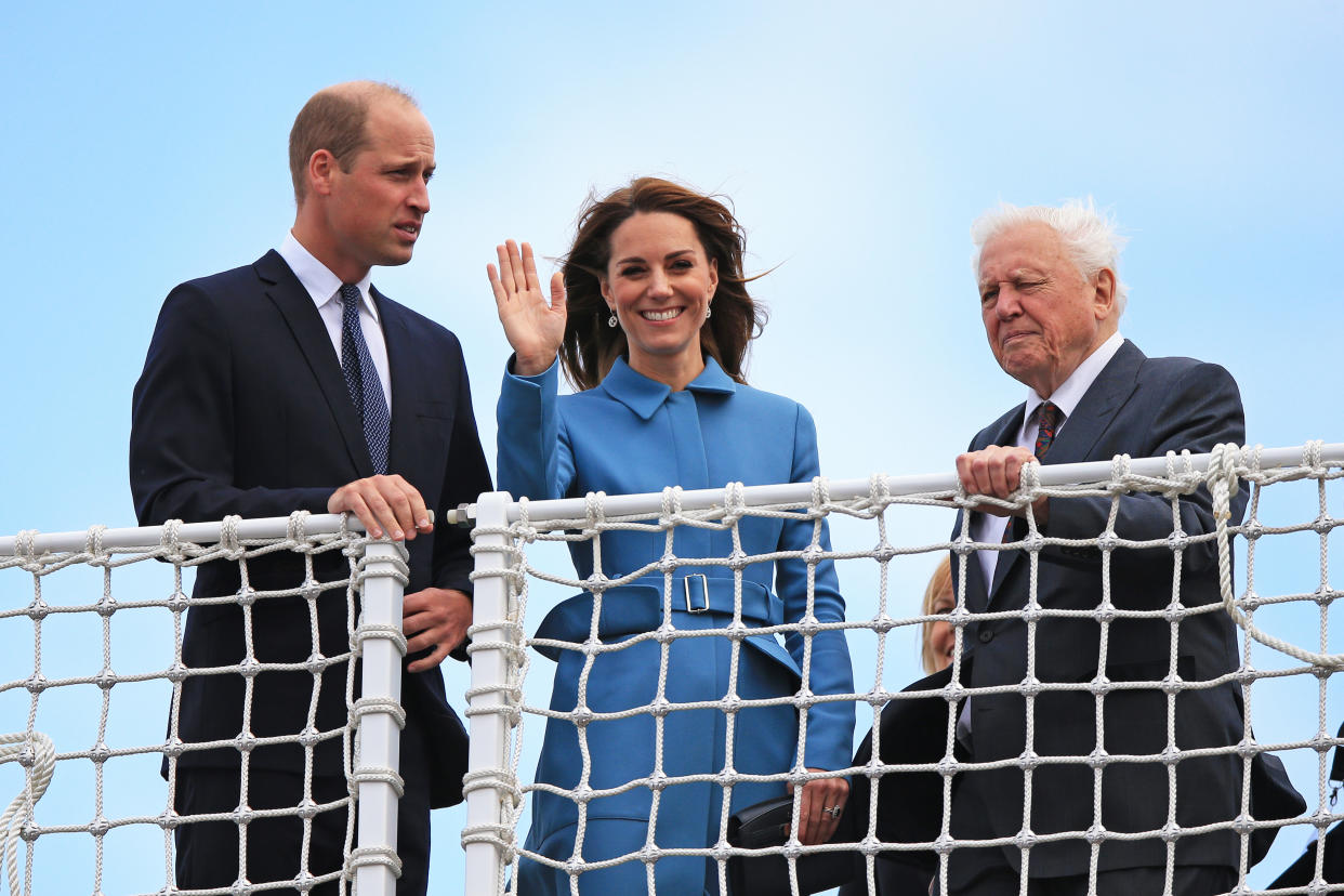 The Duke and Duchess of Cambridge join Sir David Attenborough for the naming ceremony of the polar research ship in Birkenhead [Photo: Getty Images]