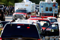 <p>Emergency response vehicles drive near a shooting scene after a gunman opened fire at the Capital Gazette newspaper in Annapolis, Md., June 28, 2018. (Photo: Joshua Roberts/Reuters) </p>