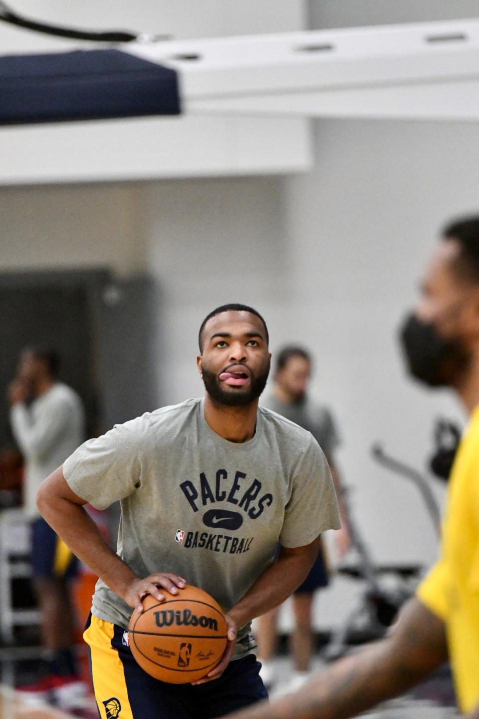T.J. Warren shoots a corner 3 during Pacers practice at Ascension St. Vincent Center in Indianapolis on Dec. 28, 2021.