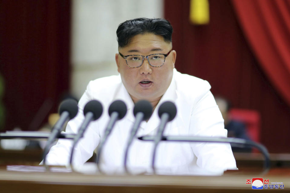 In this Sunday, Dec. 29, 2019, photo provided Monday, Dec. 30, by the North Korean government, North Korean leader Kim Jong Un speaks during a Workers’ Party meeting in Pyongyang, North Korea. North Korea opened Saturday, on Dec. 28, a high-profile political conference to discuss how to overcome “harsh trials and difficulties," state media reported Sunday, days before a year-end deadline set by Pyongyang for Washington to make concessions in nuclear negotiations. Independent journalists were not given access to cover the event depicted in this image distributed by the North Korean government. The content of this image is as provided and cannot be independently verified. Korean language watermark on image as provided by source reads: "KCNA" which is the abbreviation for Korean Central News Agency. (Korean Central News Agency/Korea News Service via AP)