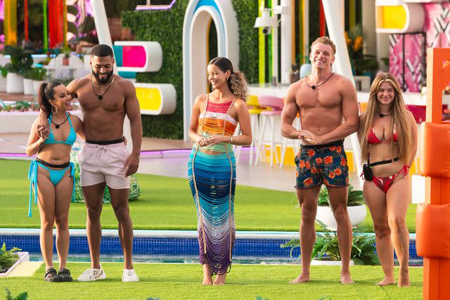 <p>Mark Taylor/PEACOCK/ITV/Getty</p> Jessica Losurdo, Johnny Middlebrooks, Maura Higgins, Callum Hole, and Liberty Poole on 'Love Island Games'.