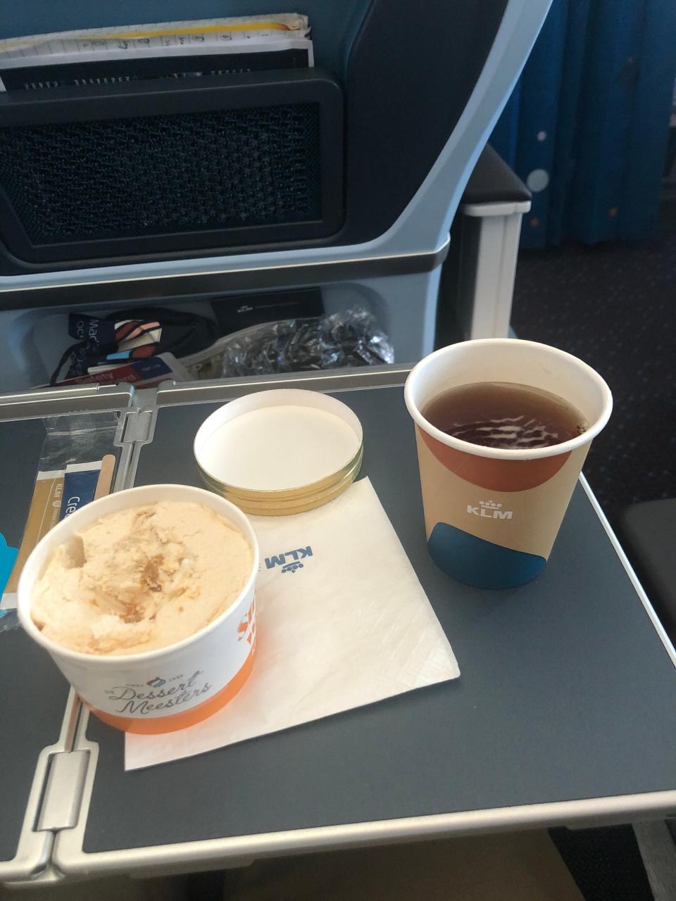 Ice cream and tea on KLM's inaugural Premium Comfort flight.