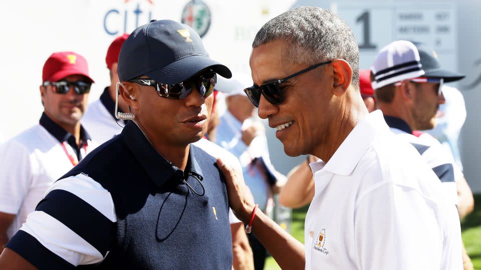 Tiger Woods and Obama chat at the 2017 Presidents Cup in Jersey City, New Jersey. - Rob Carr/Getty Images