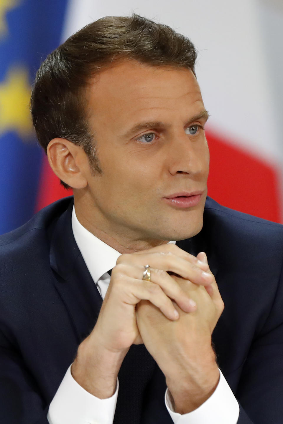 French President Emmanuel Macron delivers a speech at the Elysee Palace Thursday, April 25, 2019 in Paris. Macron makes a speech at the Elysee presidential palace based on three months of national debate aimed at addressing the protesters' concerns through town hall meetings and collecting complaints online. (AP Photo/Michel Euler)