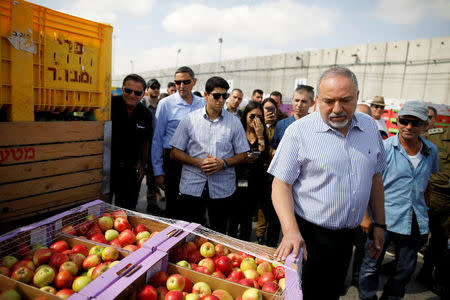 Israeli Defense Minister Avigdor Lieberman visits Gaza's Kerem Shalom crossing, the strip's main commercial border terminal, July 22, 2018. REUTERS/Amir Cohen