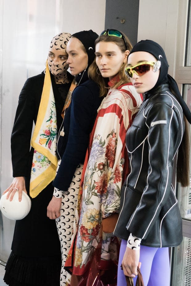 Models backstage before Marine Serre's Fall 2018 runway show at Paris Fashion Week.