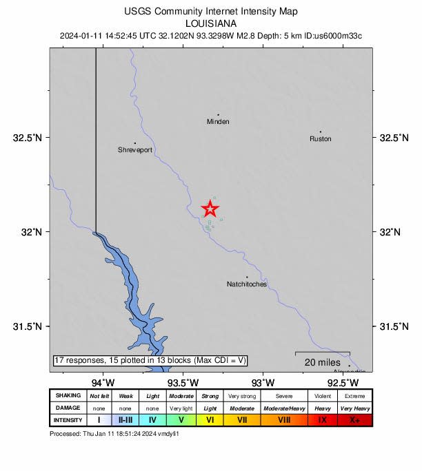 Earthquake felt near Hall Summit, Louisiana Thursday morning, Jan. 11, 2024.