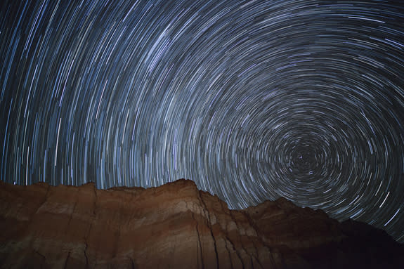 Astrophotographer Jason Hullinger took this long exposure of star trails and Orionid meteors Red Canyon State Park, CA near Mojave/California City on Oct. 21. 2012.