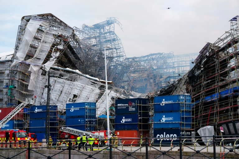 Half of the 17th-century Borsen building was destroyed and its 54-metre (180-foot) spire tumbled to the ground in the fire that broke out early Tuesday, in scenes that shocked Denmark (Ida Marie Odgaard)
