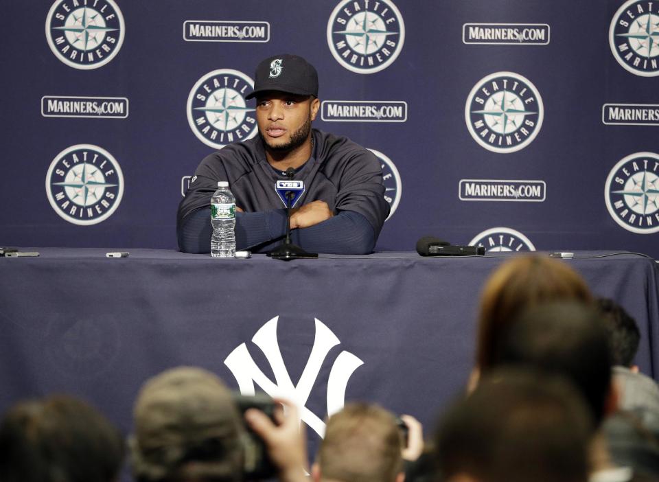 Seattle Mariners' Robinson Cano responds to a question during a news conference before a baseball game against the New York Yankees, Tuesday, April 29, 2014, in New York. (AP Photo/Frank Franklin II)