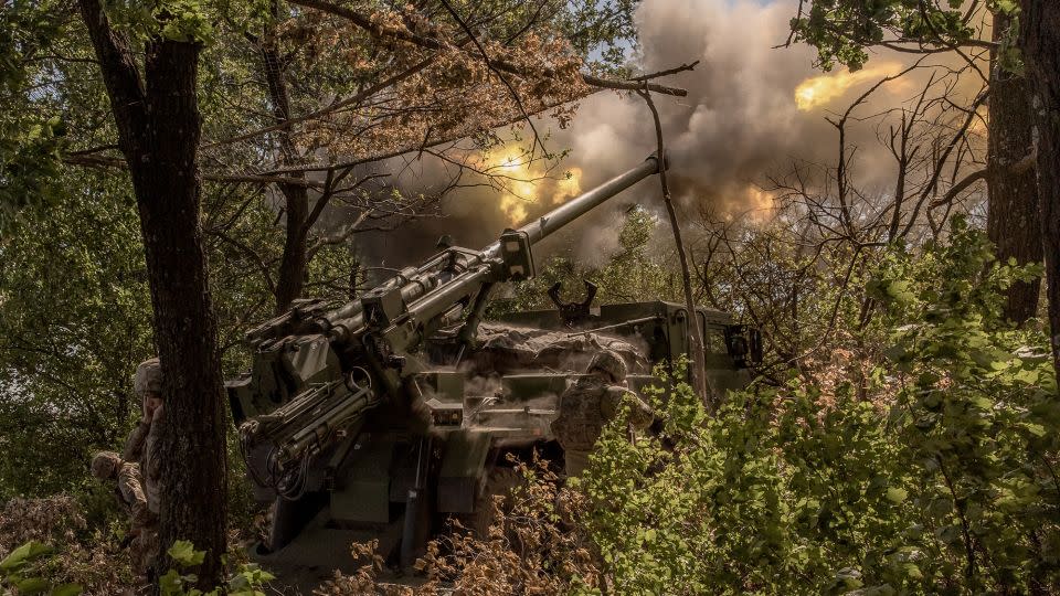 Ukrainian servicemen of the 55th Artillery Brigade "Zaporizhzhia Sich" fire a French-made CAESAR self-propelled howitzer toward Russian positions, in the Donetsk region, on June 27, 2024. - Roman Pilpey/AFP/Getty Images