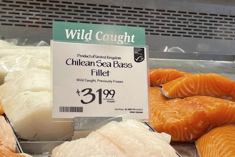 Fillets of Chilean sea bass caught near the U.K.-controlled South Georgia island are displayed for sale at a Whole Foods Market in Cleveland, Ohio on June 17, 2022. A diplomatic row is taking place near the South Pole dividing the normally allied U.S. and U.K. governments in response to provocations from Russia over catch limits of the meaty toothfish. The feud could lead to an import ban on the fish, which U.S. officials insist is being caught unlawfully in violation of rules governed by the Antarctic Treaty. (AP Photo/Joshua Goodman)