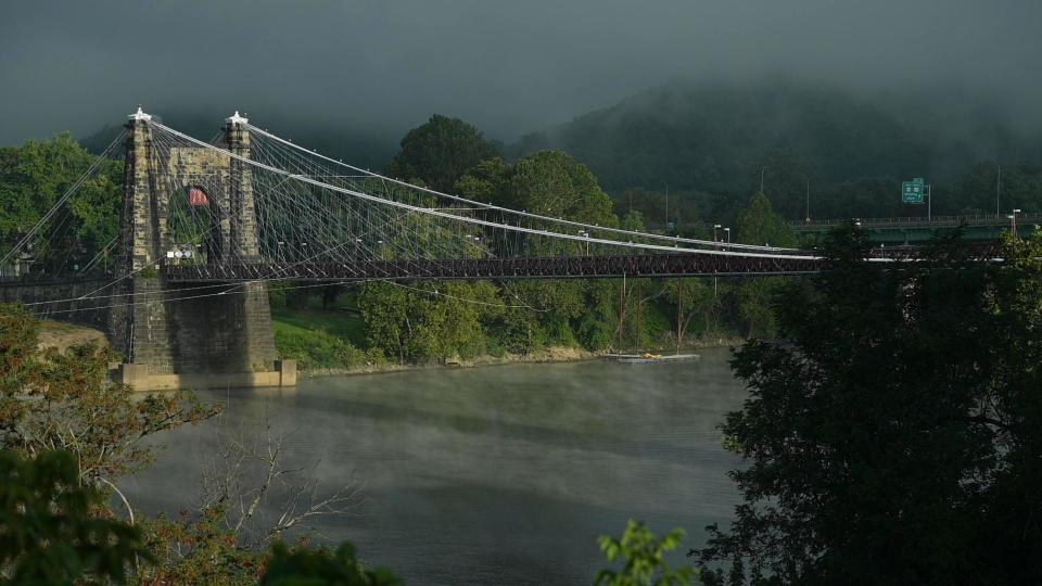 The Wheeling Suspension Bridge links Wheeling Island with the city at large that surrounds it on both sides of the Ohio River.