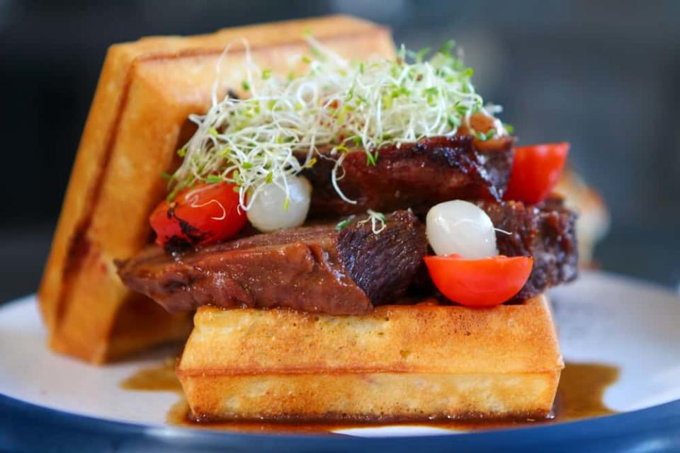 Image of Braised Beef Cheek with Potato Bacon Waffle