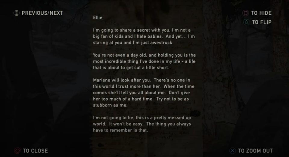 Ellie carries Anna's letter in her backpack. You can read it when you start playing as Ellie in "The Last of Us."