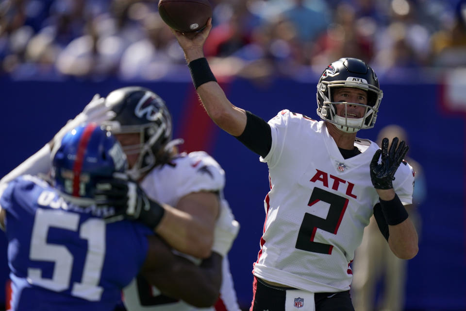 Atlanta Falcons quarterback Matt Ryan (2) passes during the first half of an NFL football game against the New York Giants, Sunday, Sept. 26, 2021, in East Rutherford, N.J. (AP Photo/Seth Wenig)