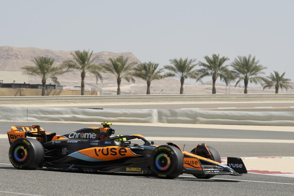Mclaren driver Lando Norris of Britain steers his car during a Formula One pre season test at the Bahrain International Circuit in Sakhir, Bahrain, Friday, Feb. 24, 2023.(AP Photo/Frank Augstein)