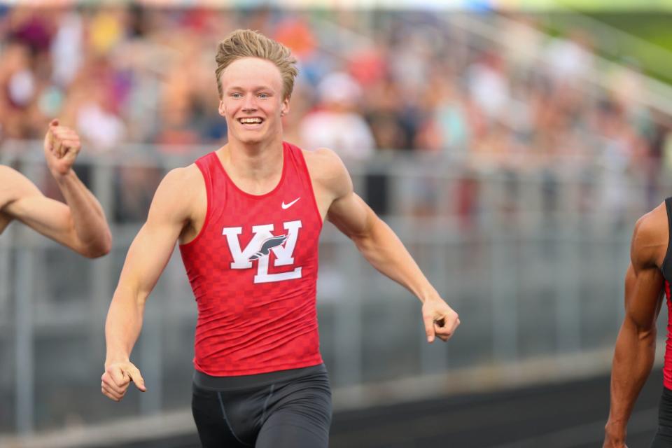 JT Downey (12), West Lafayette High School, smiles after winning the 100 Meter Dash with a time of 10.95 at the 2022 IHSAA Boys Track and Field Sectional at West Lafayette Athletic Complex, on May 19, 2022, in West Lafayette.