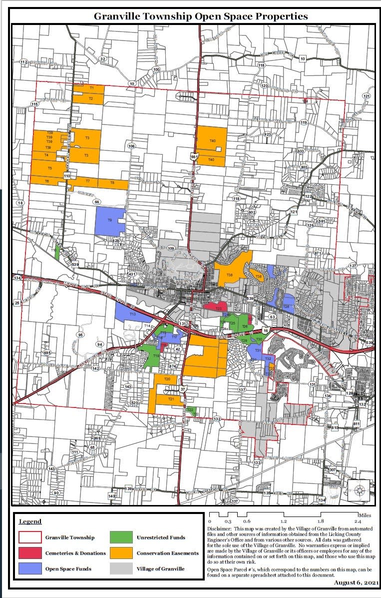 A map showing all the parcels in the Granville Open Space program.