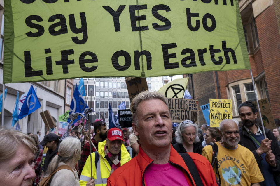 Naturalist and broadcaster Chris Packham joins thousands of protesters from the environmental group Extinction Rebellion gather on Earth Day for The Big One For Biodiversity March non-disruptive protest in Westminster on 22nd April 2023 in London, United Kingdom. Extinction Rebellion is a climate change group started in 2018 and has gained a huge following of people committed to peaceful protests. These protests are highlighting that the government is not doing enough to avoid catastrophic climate change and to demand the government take radical action to save the planet. (photo by Mike Kemp/In Pictures via Getty Images)