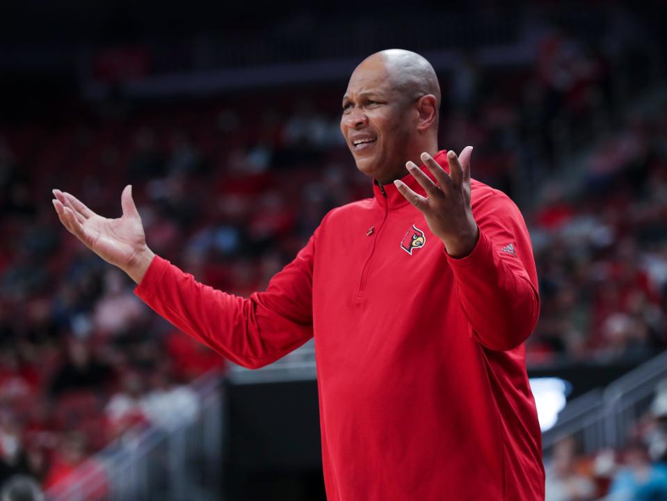U of L head coach Kenny Payne reacts to a busted play against Virginia during their game at the Yum Center in Louisville, Kentucky, on Feb. 15, 2023.