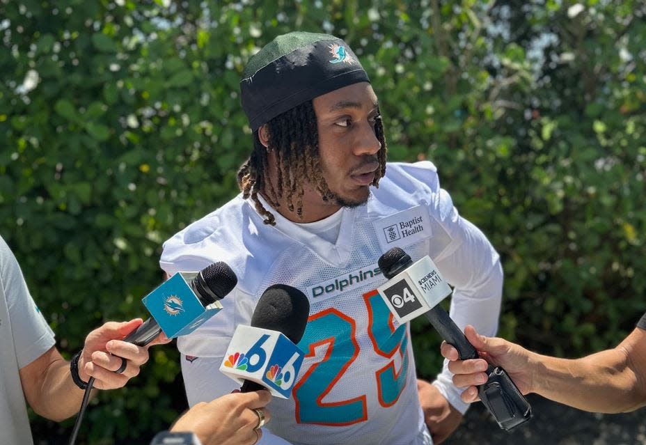 Miami Dolphins running back Jaylen Wright speaks at rookie camp in Miami Gardens.