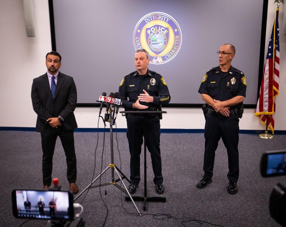 Ocala Mayor Ben Marciano, from left, Deputy Chief of Police Lou Biondi and Investigative Services Maj. Steve Cuppy address the media Monday morning to discuss an officer-involved shooting that occurred early Sunday afternoon.