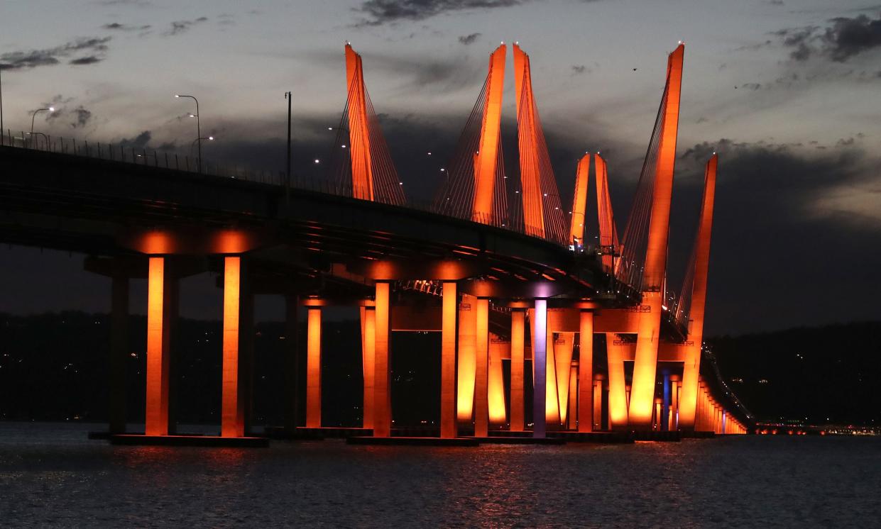 The Gov. Mario Cuomo Bridge was lit up in orange to raise awareness for hunger relief Nov. 15, 2023. The initiative was organized by Hillside Food Outreach, a nonprofit that delivers nutritious groceries to low-income and limited mobility families, seniors, and the chronically ill in New York and Connecticut.