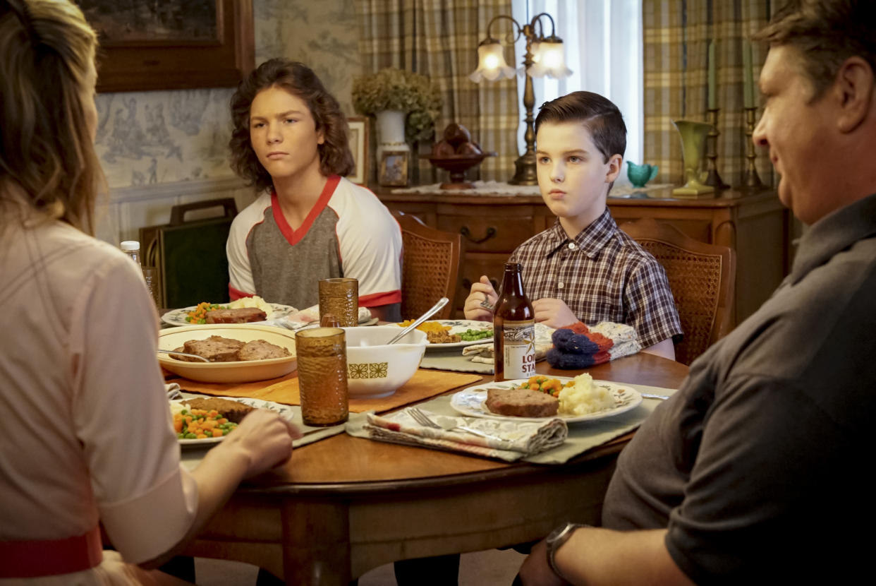 "Quirky Eggheads and Texas Snow Globes" - Pictured: Georgie (Montana Jordan) and Sheldon (Iain Armitage). After Dr. Sturgis (Wallace Shawn) experiences a nervous breakdown, Mary worries Sheldon is headed down a similar path. Also, Georgie discovers he has a knack for sales, on the third season premiere of YOUNG SHELDON, Thursday, Sept. 26 (8:00-8:31 PM, ET/PT) on the CBS Television Network. Photo: Bill Inoshita/CBS Â©2019 CBS Broadcasting, Inc. All Rights Reserved