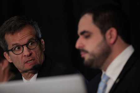 Christian Sobrino, (R) Puerto Rico's government liaison to the territory's federal oversight board and David Skeel, member of the board, attend a meeting of the Financial Oversight and Management Board for Puerto Rico at the College of Engineers and Land Surveyors in San Juan, Puerto Rico October 31, 2017. REUTERS/Alvin Baez