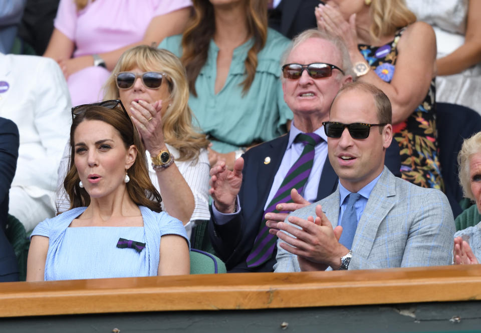 LONDON, ENGLAND - JULY 14: Catherine, Duchess of Cambridge and Prince William, Duke of Cambridge in the Royal Box on Centre court during Men's Finals Day of the Wimbledon Tennis Championships at All England Lawn Tennis and Croquet Club on July 14, 2019 in London, England. (Photo by Karwai Tang/Getty Images)