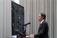 Secretary of State Antony Blinken attends a virtual joint news conference with Philippine Foreign Secretary Enrique Manalo at the Peninsula Hotel in Manila, Philippines, Saturday, Aug. 6, 2022. Blinken is on a ten day trip to Cambodia, Philippines, South Africa, Congo, and Rwanda. (AP Photo/Andrew Harnik, Pool)