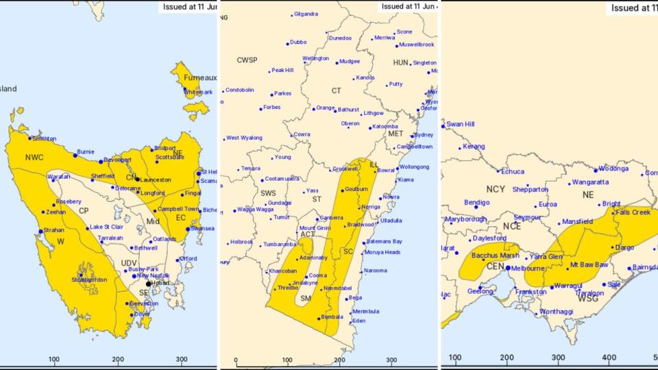 There are severe wind warnings for pasrts of Tasmania, Victoria and New South Wales. Picture: BOM