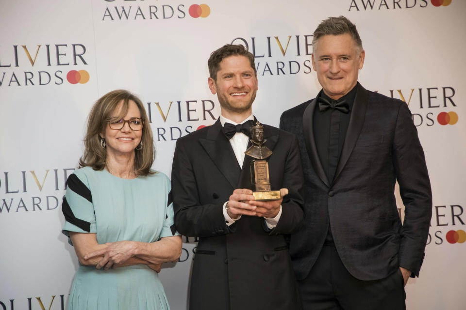 Actress Sally Field, from left, actors Kyle Soller and Bill Pullman pose for photographers backstage at the Olivier Awards in London, Sunday, April 7, 2019. (Photo by Vianney Le Caer/Invision/AP)