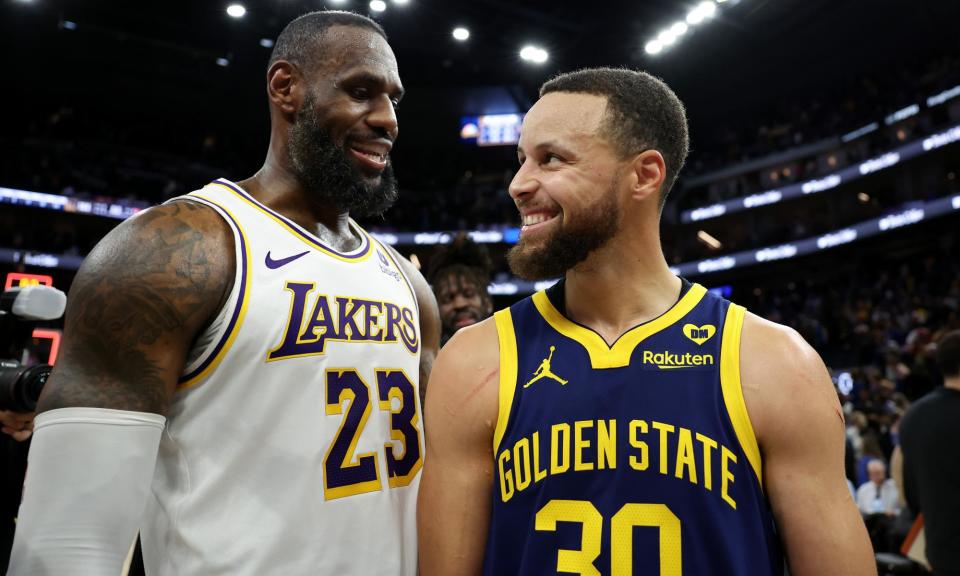 <span><a class="link " href="https://sports.yahoo.com/nba/teams/la-lakers/" data-i13n="sec:content-canvas;subsec:anchor_text;elm:context_link" data-ylk="slk:The Lakers;sec:content-canvas;subsec:anchor_text;elm:context_link;itc:0">The Lakers</a>’ <a class="link " href="https://sports.yahoo.com/nba/players/3704/" data-i13n="sec:content-canvas;subsec:anchor_text;elm:context_link" data-ylk="slk:LeBron James;sec:content-canvas;subsec:anchor_text;elm:context_link;itc:0">LeBron James</a>, left, and the Warriors’ <a class="link " href="https://sports.yahoo.com/nba/players/4612/" data-i13n="sec:content-canvas;subsec:anchor_text;elm:context_link" data-ylk="slk:Steph Curry;sec:content-canvas;subsec:anchor_text;elm:context_link;itc:0">Steph Curry</a> talk with each other after a January game at Chase Center in San Francisco, California.</span><span>Photograph: Ezra Shaw/Getty Images</span>