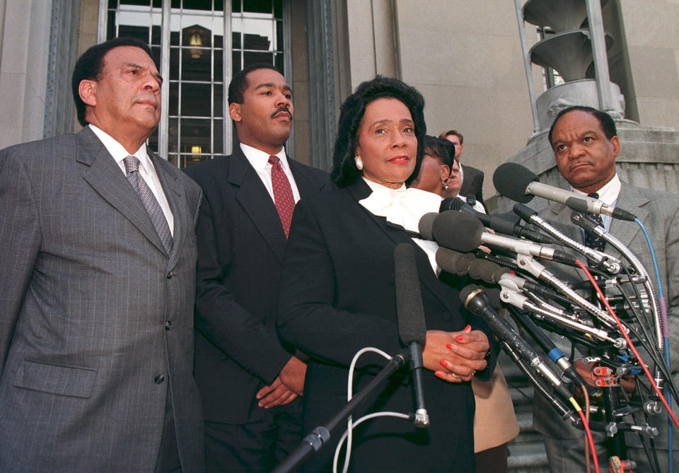 Coretta Scott King, the widow of Martin Luther King Jr., discusses her two hour meeting with Attorney General Janet Reno along with (L-R) Andrew Young, Dexter King, and Walter Fauntroy. King presented new evidence to Attorney General Janet Reno in an appeal for another investigation of her husband's assassination May 8, 1998 in Washington, DC.