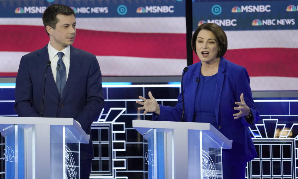 Senator Amy Klobuchar speaks as former South Bend Mayor Pete Buttigieg listens at the ninth Democratic 2020 U.S. Presidential candidates debate at the Paris Theater in Las Vegas, Nevada, U.S., February 19, 2020. REUTERS/Mike Blake (Photo: Mike Blake / Reuters)